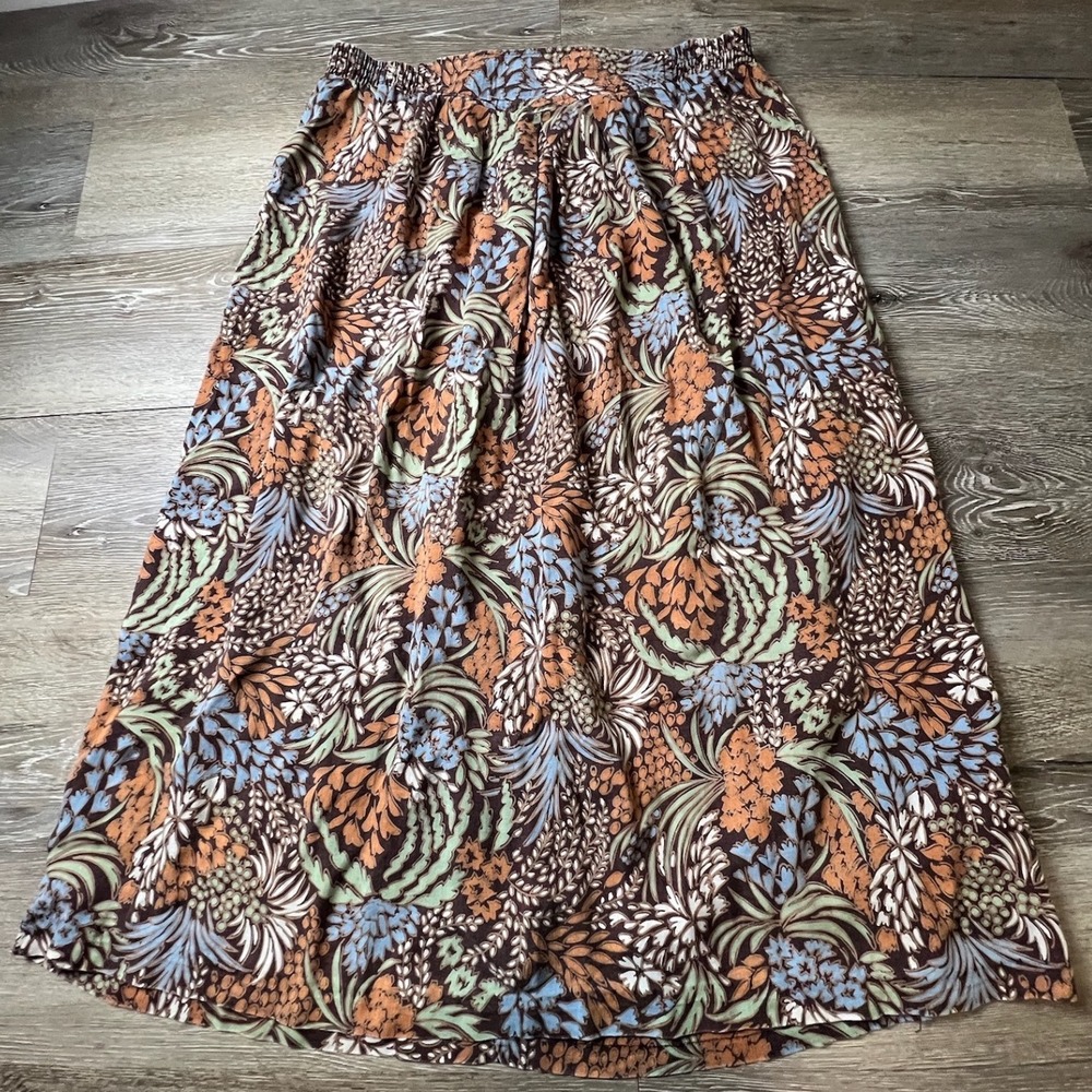 Handmade Floral Maxi Skirt Womens M Brown Orange Smocked Elastic Waist Boho